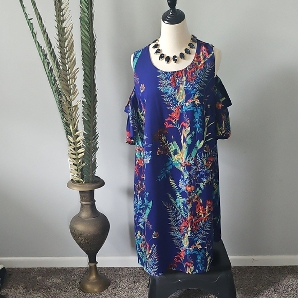 City Streets Dresses & Skirts - City Streets Purple/Blue Cold Shoulder Floral Print Dress